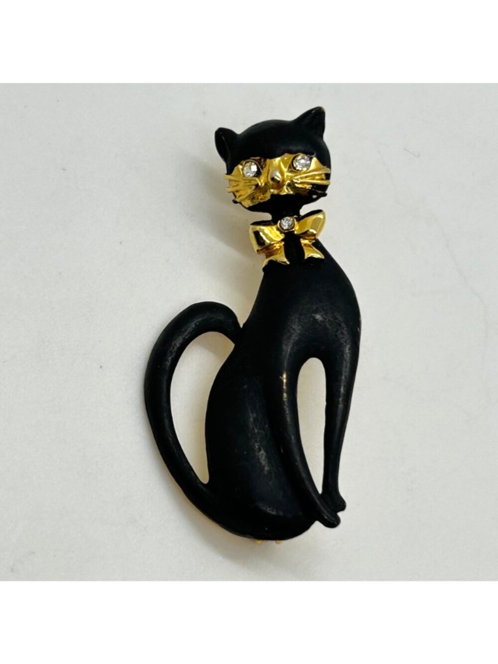 Vintage Black Matte Enamel Siamese Cat Brooch With Gold-Tone Rhinestone Bow - Picture 2 of 11
